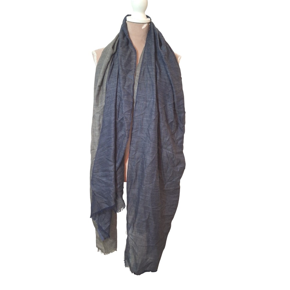 Kinross Cashmere Wool Blend Oversized Wrap Scarf Blue Grey Fringed 80x40